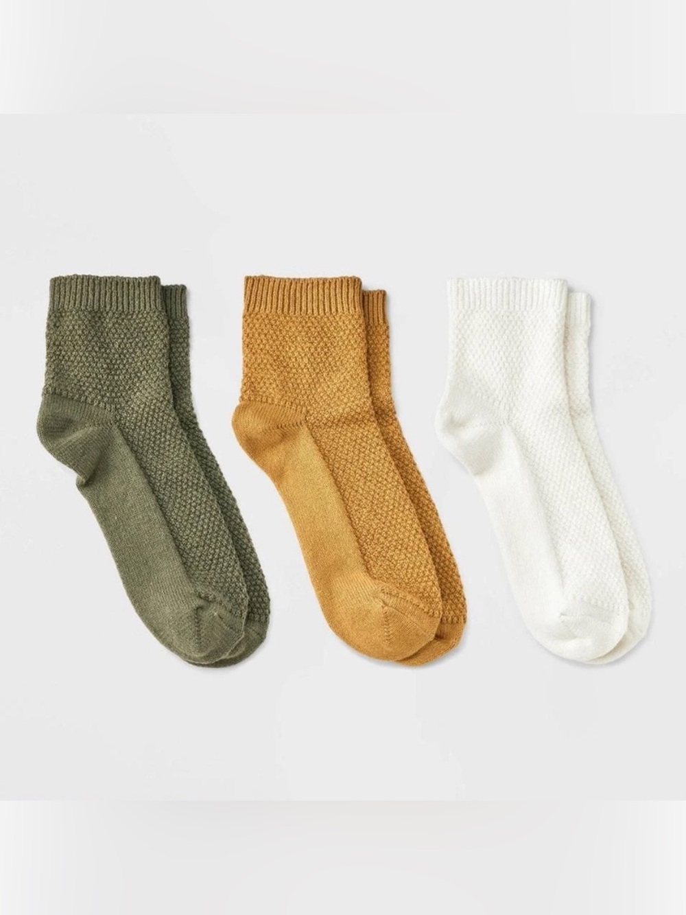 Auden Women’s Textured Stitch Ankle Socks 3pk Ivory Gold Olive Shoe Size 4-10
